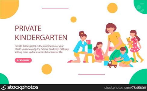 Kindergarten horizontal banner with read more button text and characters of kids with nursery school teacher vector illustration