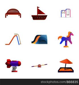 Kindergarten icon set. Cartoon set of 9 kindergarten vector icons for web design isolated on white background. Kindergarten icon set, cartoon style