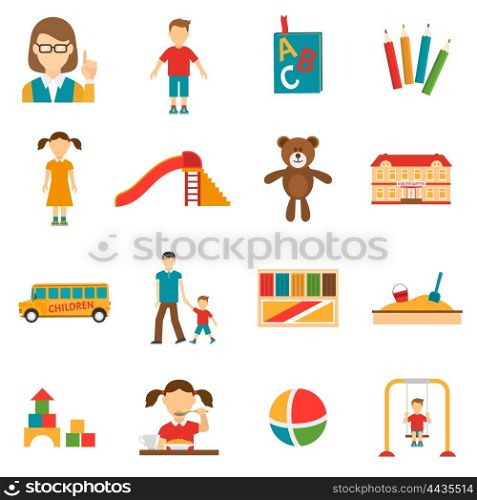 Kindergarten Icons Set. Icons set of different kindergarten objects and characters like toy or teacher flat isolated vector illustration