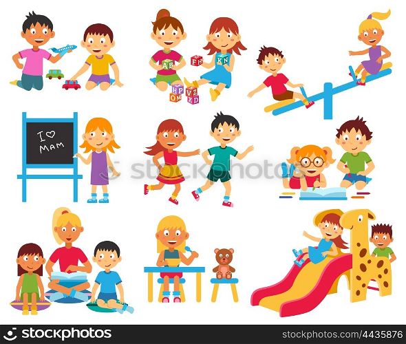 Kindergarten icons set. Kindergarten flat icons set with children playing with toys and each other isolated vector illustration
