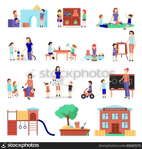 Kindergarten Icons Set . Kindergarten icons set with parents and children symbols flat isolated vector illustration