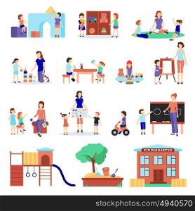 Kindergarten Icons Set . Kindergarten icons set with parents and children symbols flat isolated vector illustration