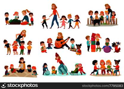 Kindergarten icons set with playing children symbols flat isolated vector illustration. Kindergarten Icons Set