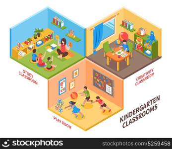 Kindergarten Indoor Isometric Illustration. Kindergarten indoor isometric design concept with children and teacher in study classroom play room and creativity classroom vector illustration