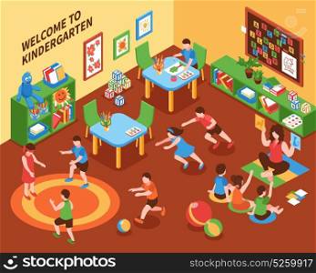 Kindergarten Interior Isometric Composition . Kindergarten interior isometric composition with children busy mobile games education and creativity vector illustration