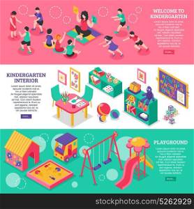 kindergarten Isometric Banners. Kindergarten isometric horizontal banners with elements of interior and playground and teacher working with children educational games vector illustration