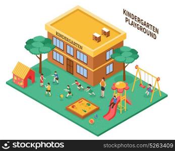 Kindergarten Isometric Composition . Kindergarten outdoor isometric composition with playground kindergarten teacher and playing children vector illustration