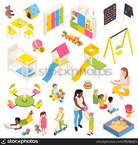 Kindergarten isometric set of isolated characters of kids and toys with play equipment furniture and blackboards vector illustration