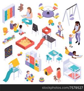 Kindergarten isometric set with isolated images of play equipment toys and human characters on blank background vector illustration