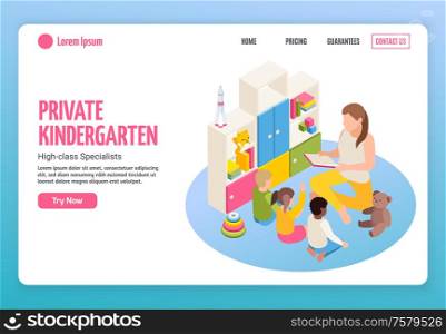 Kindergarten isometric web site landing page design with clickable links editable text and buttons with images vector illustration