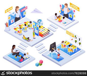 Kindergarten kids learning remotely isometric concept with online classroom activities teacher reading sitting on tablet vector illustration
