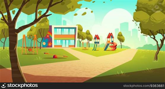 Kindergarten kids playground, empty area for children with nursery school colorful building, green grass, slides and swings for playing and recreation fun at summer time Cartoon vector illustration. Kindergarten kids playground, empty children area