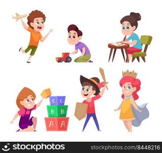 Kindergarten. Little preschool kids playing with toys in education center or kindergarten room playing lessons exact vector cartoon illustrations. Boy and girl kindergarten active. Kindergarten. Little preschool kids playing with toys in education center or kindergarten room playing lessons exact vector cartoon illustrations