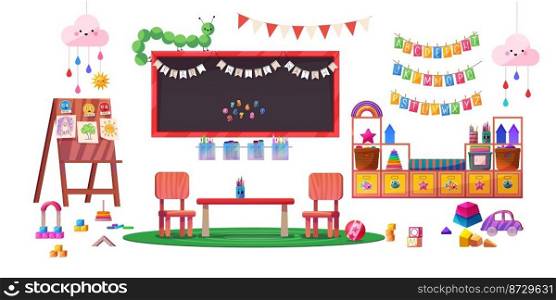Kindergarten or primary school interior design elements. Vector cartoon illustration of furniture, toys, board, colorful wall decorations, childrens paintings isolated on white. Kids education space. Kindergarten or primary school interior elements