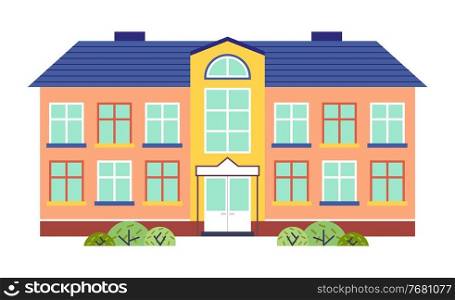 Kindergarten or school building cartoon flat style vector illustration isolated on white. Two-story building for children in bright colors with a blue roof. Modern kindergarten or junior School. Kindergarten or school building cartoon flat style vector illustration isolated on white background