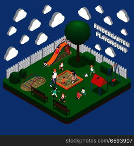 Kindergarten play ground, kids with educators during outdoor games isometric composition on blue background vector illustration. Kindergarten Play Ground Isometric Composition