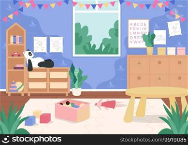 Kindergarten playroom for children flat color vector illustration. Toys for kids to play. Bookshelfs, child drawings on walls. Preschool room 2D cartoon interior with furniture on background. Kindergarten playroom for children flat color vector illustration