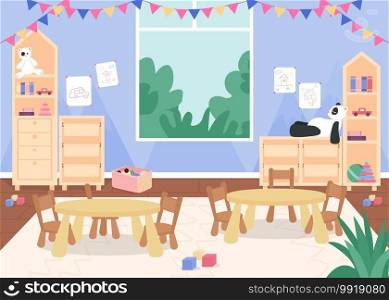 Kindergarten playroom with desks and chair for kids flat color vector illustration. Primary grade lesson room with furniture for children. Preschool 2D cartoon interior with furnishing on background. Kindergarten playroom with desks and chair for kids flat color vector illustration
