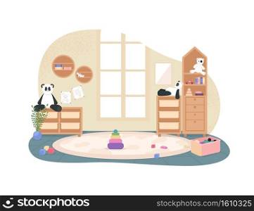 Kindergarten playroom with no people 2D vector web banner, poster. Preschool flat scene on cartoon background. Primary grade classroom with toys and furniture printable patch, colorful web element. Kindergarten playroom with no people 2D vector web banner, poster
