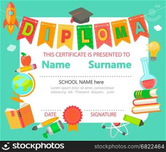 Kindergarten Preschool Elementary school Kids Diploma certificate background design template - vector illustration.. Kids Diploma certificate.