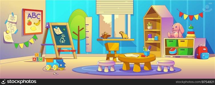 Kindergarten room with toys. Vector cartoon illustration of large playroom with window, blackboard for drawing, book and pencils on wooden table, chairs for kids, nursery play area, carpet on floor. Kindergarten room with toys