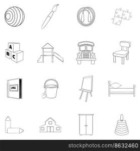 Kindergarten security set icons in outline style isolated on white background. Kindergarten security icon set outline