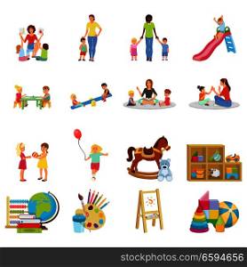 Kindergarten set of flat icons with babysitter and kids, swing, toys, paints and books isolated vector illustration. Kindergarten Flat Icons Set