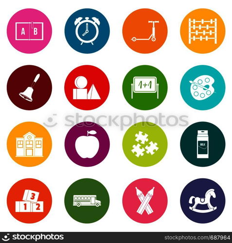 Kindergarten symbol icons many colors set isolated on white for digital marketing. Kindergarten symbol icons many colors set