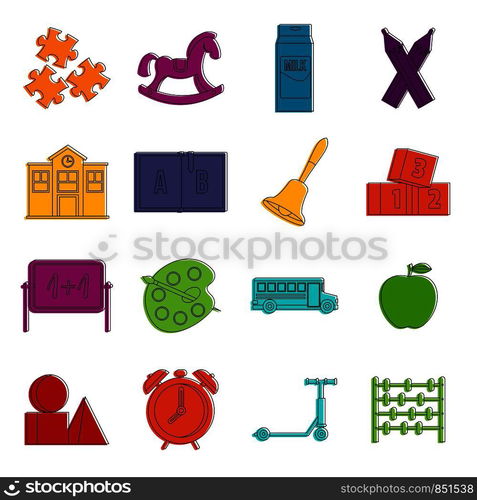 Kindergarten symbol icons set. Doodle illustration of vector icons isolated on white background for any web design. Kindergarten symbol icons doodle set