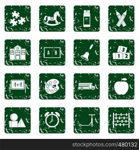 Kindergarten symbol icons set in grunge style green isolated vector illustration. Kindergarten symbol icons set grunge