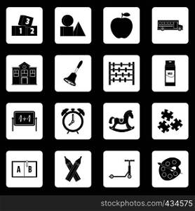 Kindergarten symbol icons set in white squares on black background simple style vector illustration. Kindergarten symbol icons set squares vector