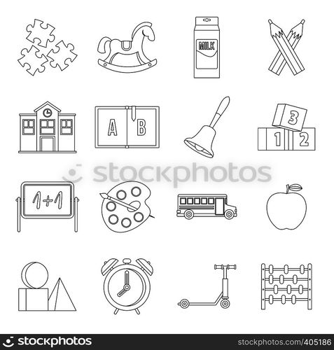 Kindergarten symbol icons set. Outline illustration of 16 kindergarten symbol vector icons for web. Kindergarten symbol icons set, outline style