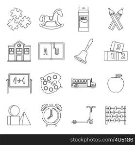 Kindergarten symbol icons set. Outline illustration of 16 kindergarten symbol vector icons for web. Kindergarten symbol icons set, outline style