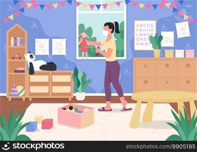Kindergarten teacher sanitize toys flat color vector illustration. New normal routine during pandemic. Preschool tutor in medical mask 2D cartoon character with primary grade classroom on background. Kindergarten teacher sanitize toys flat color vector illustration