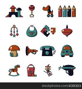 Kindergarten tools icons set. Cartoon illustration of 16 kindergarten vector icons for web. Kindergarten icons set, cartoon style