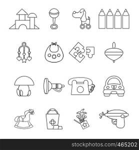 Kindergarten tools icons set. Outline illustration of 16 kindergarten vector icons for web. Kindergarten icons set, outline style