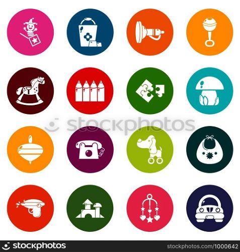 Kindergarten tools icons set vector colorful circles isolated on white background . Kindergarten icons set colorful circles vector
