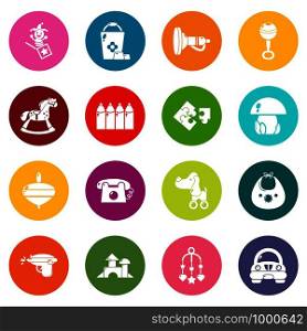 Kindergarten tools icons set vector colorful circles isolated on white background . Kindergarten icons set colorful circles vector