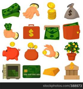 Kinds of money icons set. Cartoon illustration of 16 kinds of money vector icons for web. Kinds of money icons set, cartoon style