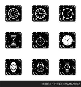 Kinds of watches icons set. Grunge illustration of 9 kinds of watches vector icons for web. Kinds of watches icons set, grunge style