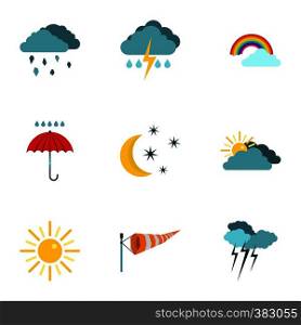 Kinds of weather icons set. Flat illustration of 9 kinds of weather vector icons for web. Kinds of weather icons set, flat style
