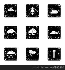 Kinds of weather icons set. Grunge illustration of 9 kinds of weather vector icons for web. Kinds of weather icons set, grunge style