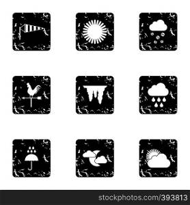 Kinds of weather icons set. Grunge illustration of 9 kinds of weather vector icons for web. Kinds of weather icons set, grunge style