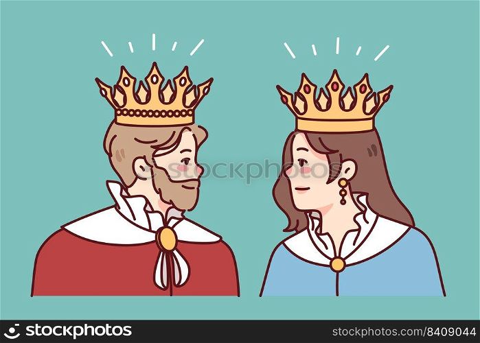 King and queen in mantles and crowns look at each other. Members of royal family in robes. Royalty and monarchy. Vector illustration. . King and queen in mantles and crowns