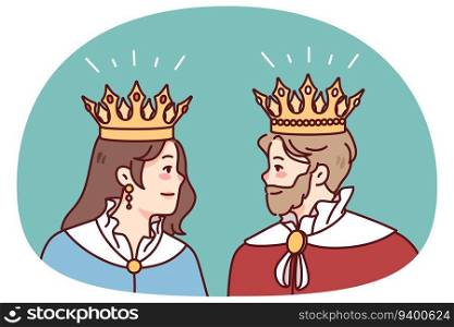 King and queen in mantles and crowns look at each other. Members of royal family in robes. Royalty and monarchy. Vector illustration.. King and queen in mantles and crowns