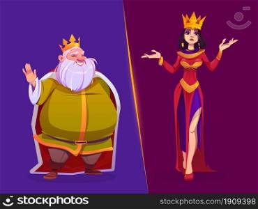 King and queen medieval royal family characters. Monarchy husband and wife in gold crowns and luxury dressing, fairytale kingdom personages, game or history book persons, Cartoon vector illustration. King and queen medieval royal family characters