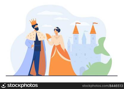 King and queen standing in front of castle flat vector illustration. Cartoon monarchs as symbol of royal leadership. Government authority, monarchy and aristocracy hierarchy concept