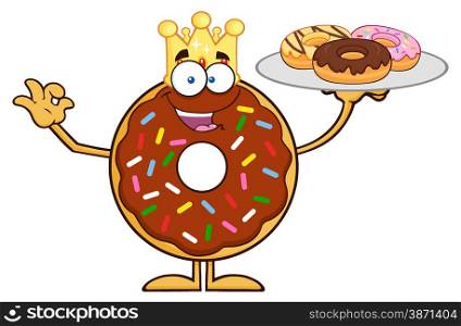 King Chocolate Donut Cartoon Character Serving Donuts