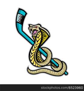King Cobra Ice Hockey Sports Mascot. Mascot icon illustration of a king cobra, also known as the hamadryad, a species of venomous snake curling up ice hockey stick on isolated background in retro style.. King Cobra Ice Hockey Sports Mascot
