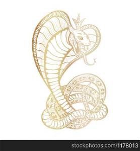 King Cobra with hood and crown. Golden vector isolated viper snake, hand-drawn luxury logo for hunting, sports theme. Mascot tattoo template with fangs and tongue. Feminine character.. King Cobra with hood and crown. Golden vector isolated viper snake, hand-drawn luxury logo for hunting, sports theme. Mascot tattoo template